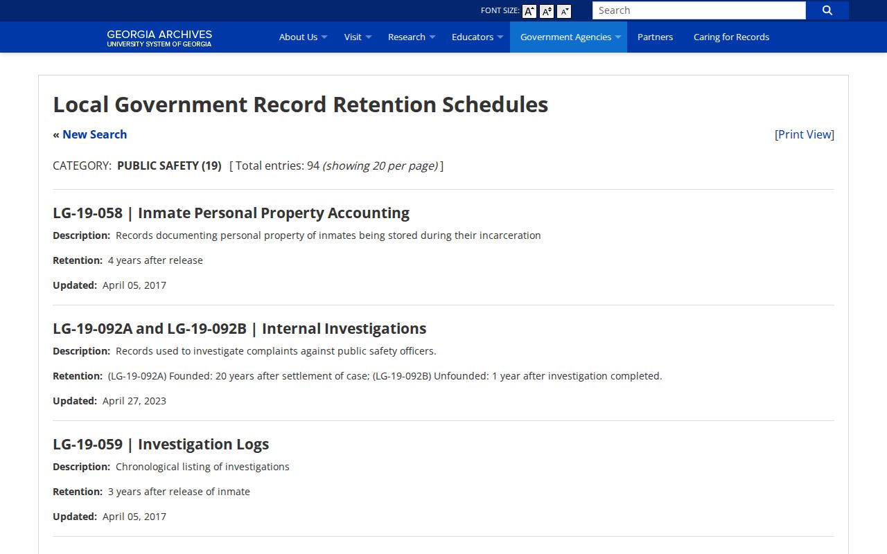 Georgia Archives public safety retention schedule for Dade County booking records